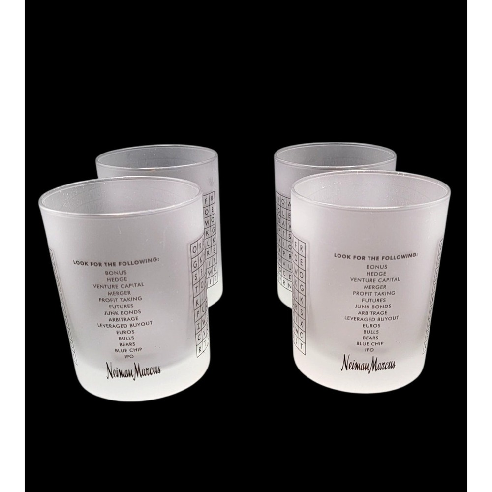 RARE Neiman Marcus‎ Glass Barware Set of 4 Wall Street Word Search Frosted